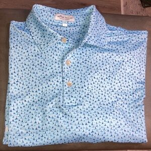 Peter Millar Light Blue Polo with Navy Sailboat Print. Mens size large.